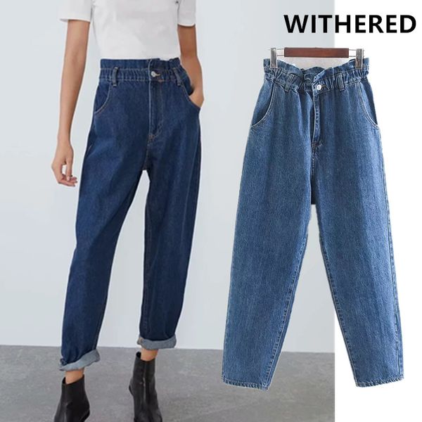 

withered england high street loose mom jeans woman high waist jeans pockets collect waist harem boyfriend for women, Blue