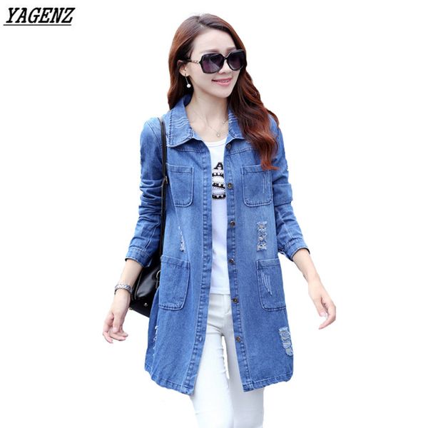 

yagenz plus size 5xl new women's long denim jackets coats spring autumn holes jeans outerwear female fashion casual k265, Black;brown