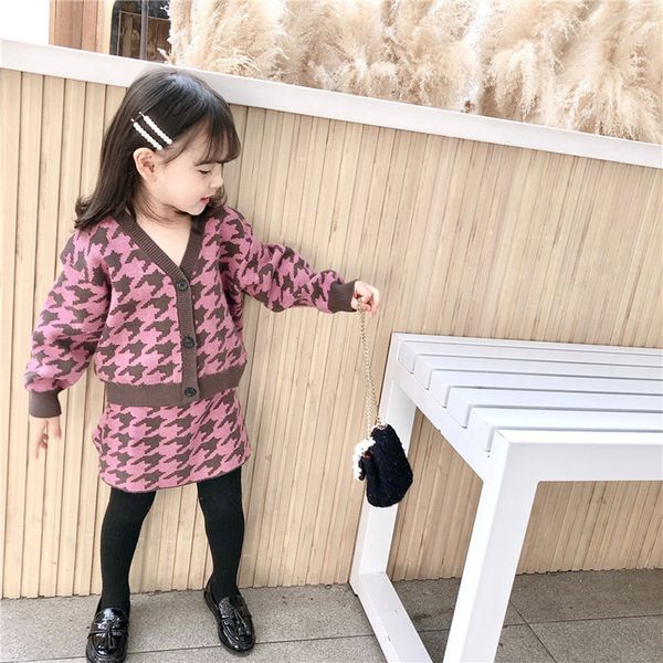 

dfxd baby girls spring houndstooth knitted suit cotton long sleeve cardigan sweater+skirt 2pc princess costume 1-8yrs kids sets, White