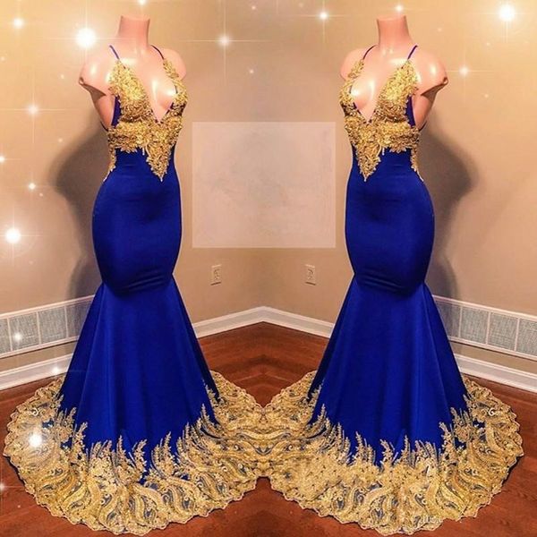 Sexy Royal Blue Gold Applique Halter Mermaid Abiti da ballo lunghi Spettacolo senza maniche da sera africana Vestido de noche Abiti da cerimonia lunghi da cerimonia