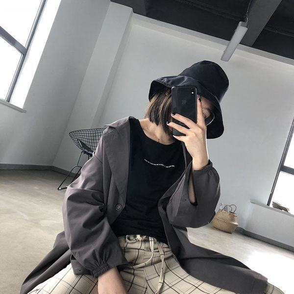 

lanmrem 2020 spring new suit-dress lapel one button solid color long fund leisure windbreaker loose simple women coat ua12004, Tan;black