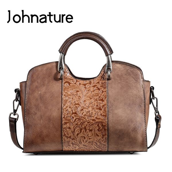 

johnature genuine leather vintage embossing women handbag 2019 new leisure floral cowhide zipper totes shoulder & crossbody bags