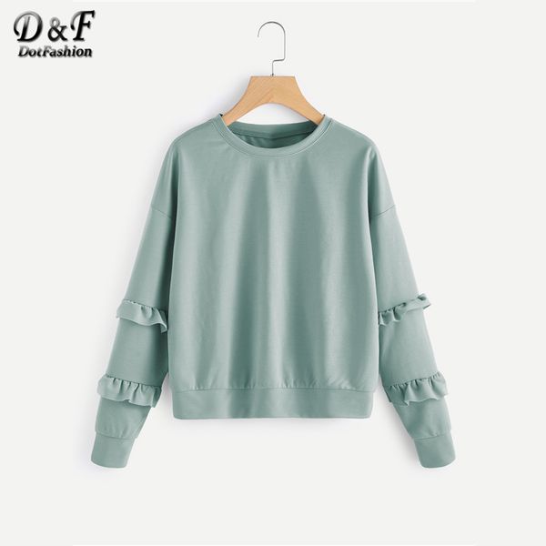 

dotfashion drop shoulder ruffle sleeve sweatshirt women casual 2019 spring fall green plain round neck girls preppy pullover, Black