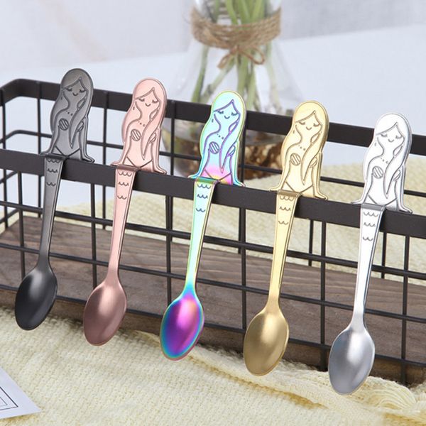 2019 Mermaid Coffee Hanging Spoon Curved Stainless Steel Ice Cream Dessert Spoon Honey Stirring Spoon Hanging Cup Dinning Accessories From