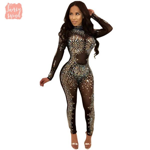 

sparkly стразы sexy комбинезон партия женщины mesh see through bodycon общий elegant long sleeve plus размер ромпер, Black;white