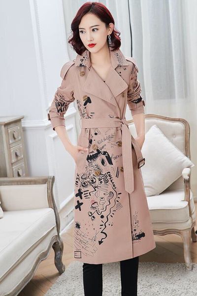 

women's trench coats long classic windbreaker waterproof british new high-end english style autumn winter gabadian graffiti print c124v, Tan;black
