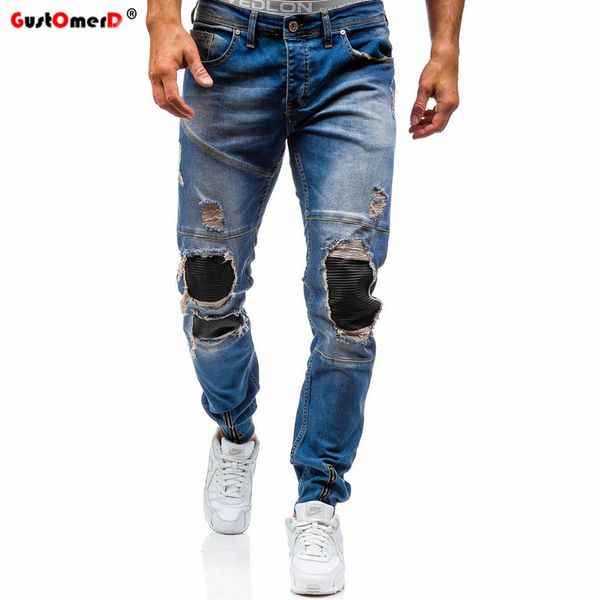 

gustomerd autumn spring men skinny jean hole slim fit elastic pants denim biker jeans strech hip hop washed ripped jeans for men, Blue
