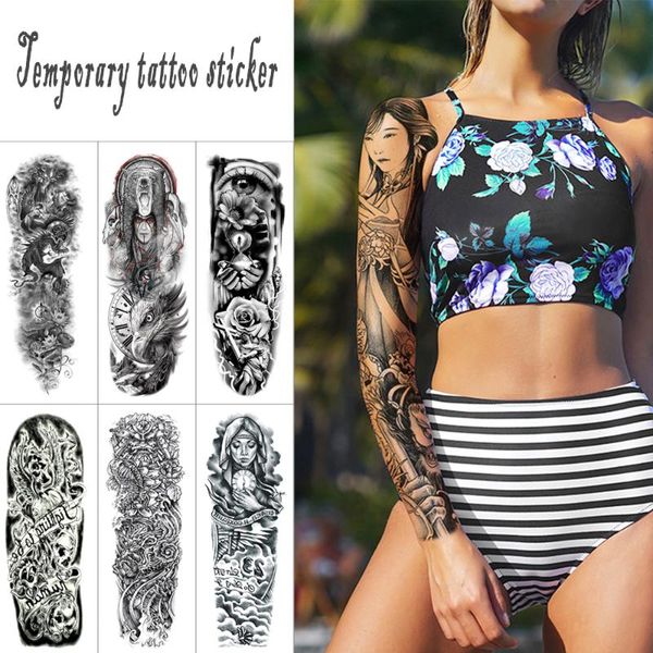 

women full arm temporary tattoo sticker large black ink tattoo jesus nun waterproof fake eye demon dragon stickers