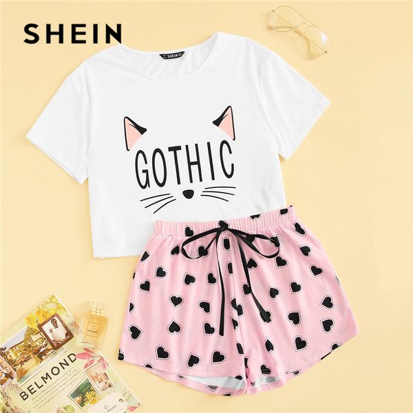 

shein cat print tshirt and heart elastic waist shorts casual sleepwear women summer cute round neck short sleeve pajama set, Blue;gray