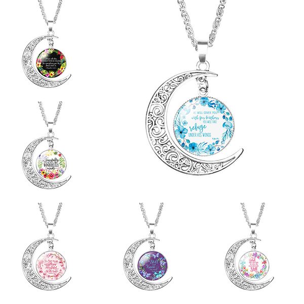 

17 colors religion bible verses necklace for women glass cabochon moon christians scripture letter flower pendant chains faith jewelry, Silver