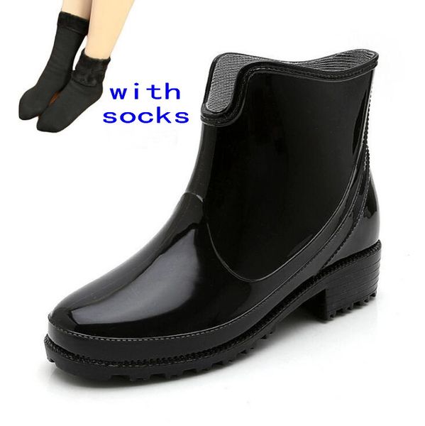 

резиновая punk стиль голеностопных rain boots женщина non-slip дождь сапоги открытой резиновых ботинок воды случайные плоские пятки круглые, Black;red
