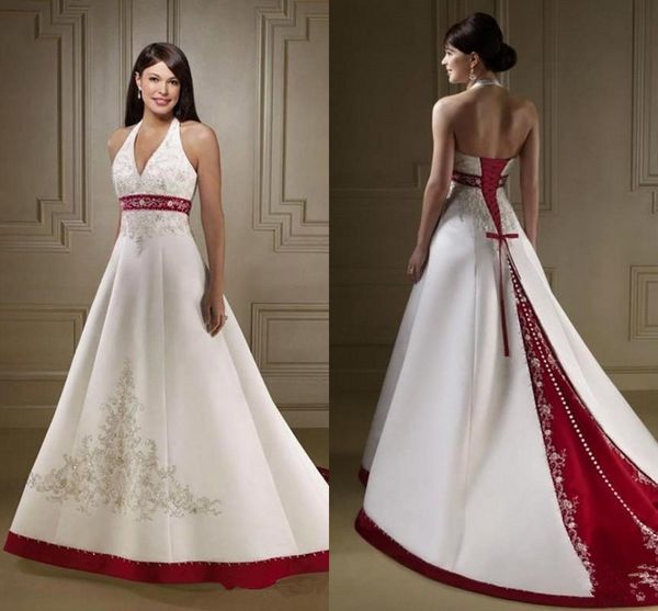 

старинные красные и белые свадебные платья 2019 холтер кружева вышивка бисером пятно на шнуровке корсет развертки поезд свадебное платье плю, White