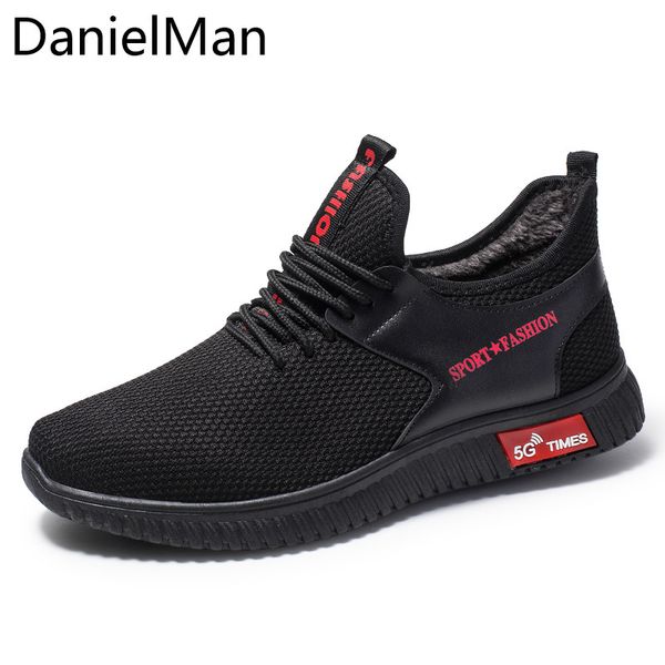 

danielman autumn winter men shoes lightweight with fur casual walking sneakers fashion mesh outdoor work shoes zapatillas mujer, Black
