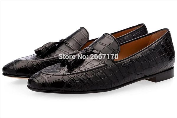

business men shoes corcodile flats tassel slippers embossed leather loafers smoking shoes men casual, Black