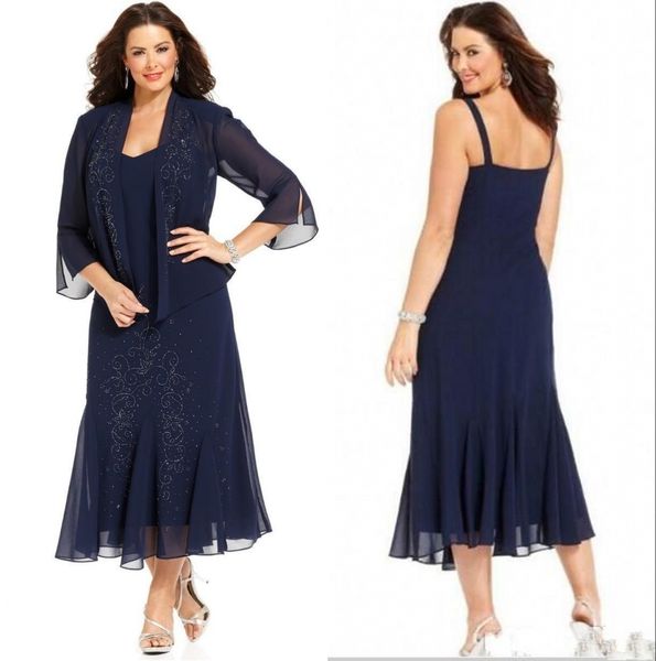 

elegant navy blue chiffon tea length mother of the bride dress with jacket 3/4 sleeves mother party dresses mother formal wear, Black;red