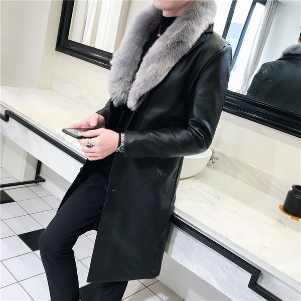 

fashion long fur coat leather jackets luxury mens leather trench coats with big fur collar collar detachable gabardina hombre, Black