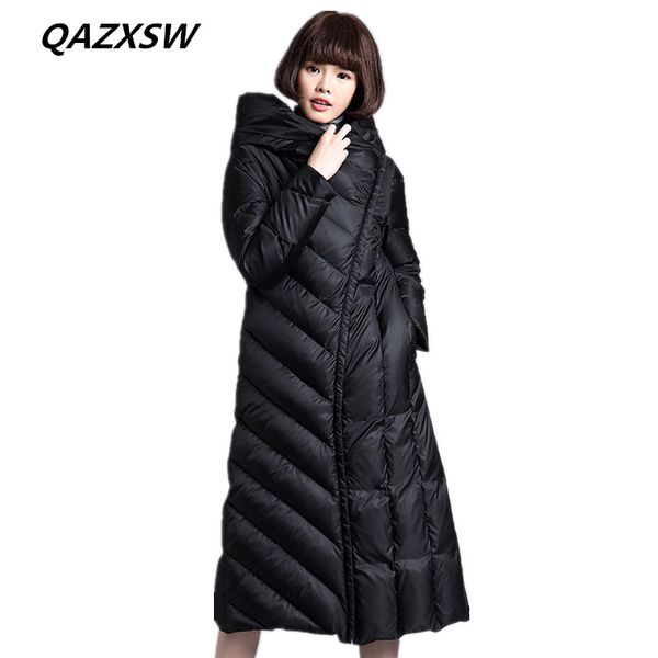 

qazxsw 2018 new women's winter down jacket outer long personality fashion 100% white duck down thick warm slim hooded coat le286, Black