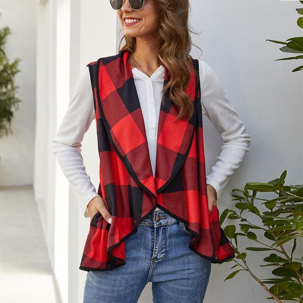 

2020 spring women fashion patchwork color plaid vest casual irregular lapel collar cardigans outwear vest female femme, Black;white