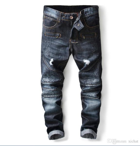 

big size jeans men's slim fit jeans straight leg denim pants blue casual ripped washed jeans 7117