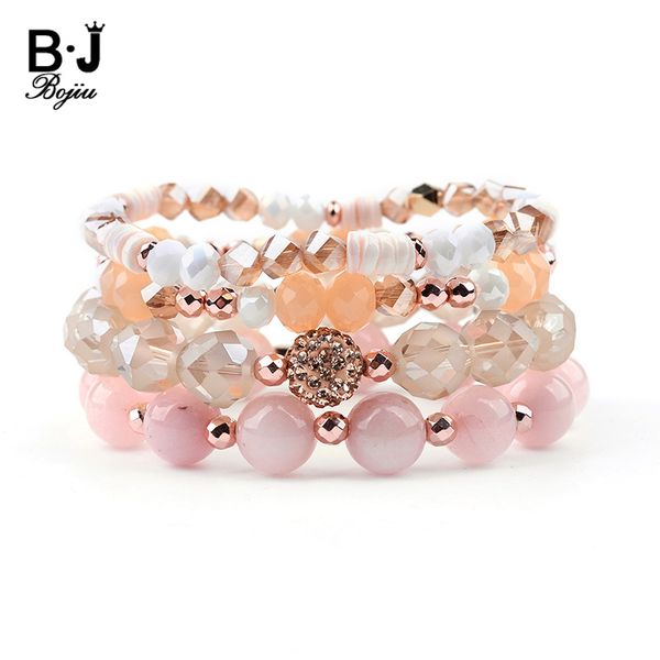 

bojiu 4 pcs/set trendy multilayer crystal charm bracelets women pink quartz white brown crystal hematite shell bracelet bcset219, Golden;silver