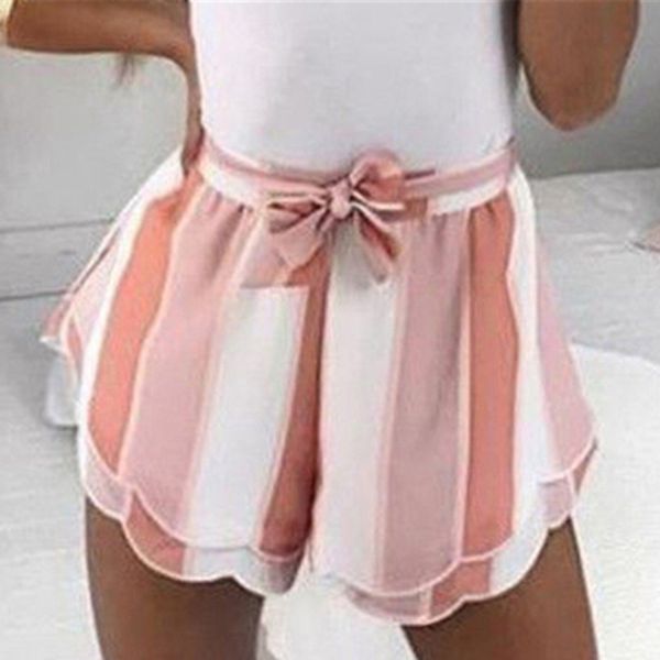 

women elegant shorts lotus leaf edge striped shorts high waist belted drawstring loose cute with sashes, White;black