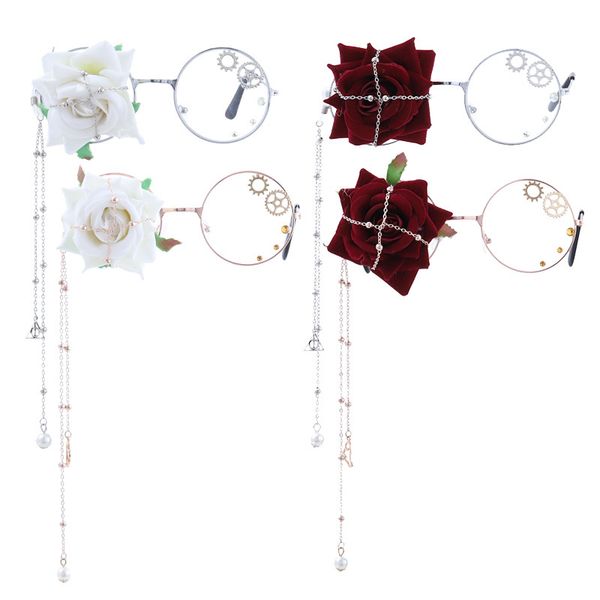 

chain pearl baroque gear wheel women rose decoration 2019 luxury gothic steampunk glasses frame lolita harajuku ladies eyewear, Silver