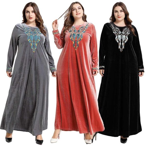 

ethnic clothing plus size velvet dress dubai muslim women abaya floral embroidery long sleeve gown islamic party jilbab kaftan winter robe, Red