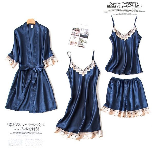 

summer thin silk-like pajamas female spring and autumn chiffon lace strap robe can outer wear tracksuit wholesale, Blue;gray
