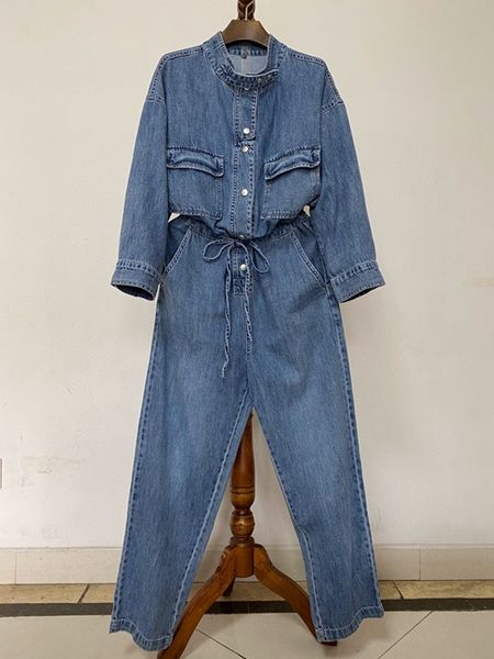 

2020 early spring new women small collar waist drawstring decoration long sleeve denim jumpsuit casual pants 309, Black;white