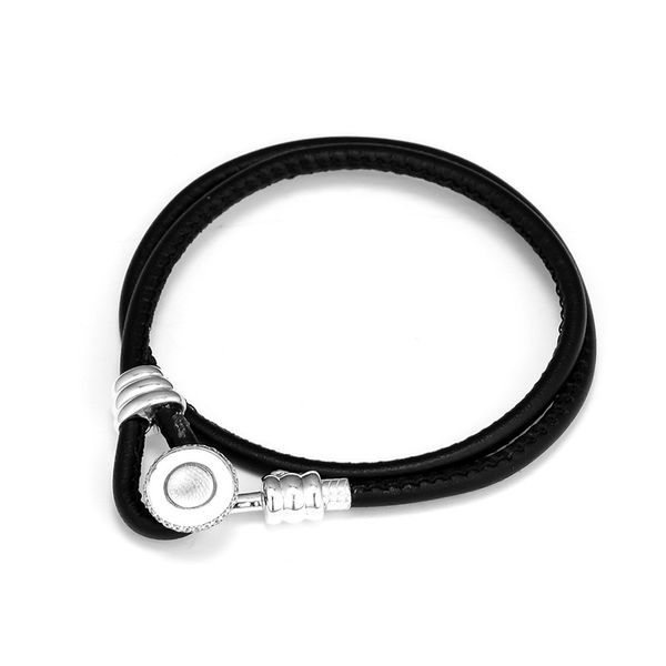 

black double leather bracelet for women silver 925 jewelry loop clasp engraved with classic set with glittering stone pl403, Golden;silver