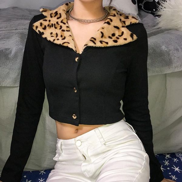 

lapel neck slim long sleeve thin short sweater casual womens sweater spring womens designer sweater fashion leopard, White;black