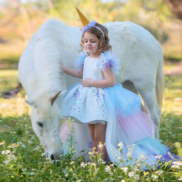 

christmas fluffy girl princess unicorn dress gorgeous backless long tail wedding dress kids halloween unicorn cosplay costume, Red;yellow