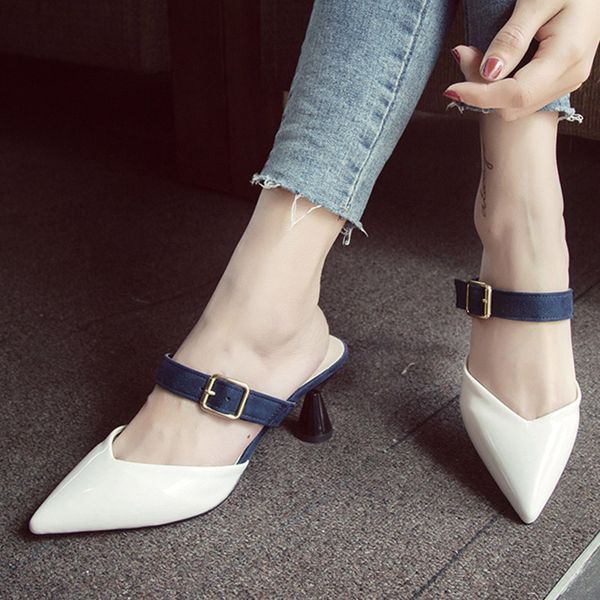 

woman slippers high heels slip on pointed toe outside slipper women sandals buckle pumps slide summer shoes zapatos mujer 6273, Black