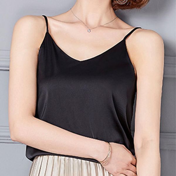 

women v-neck sling ladies silk sleeveless vest bottom blouse shirt femme solid color soft satin loose tank blusas, White