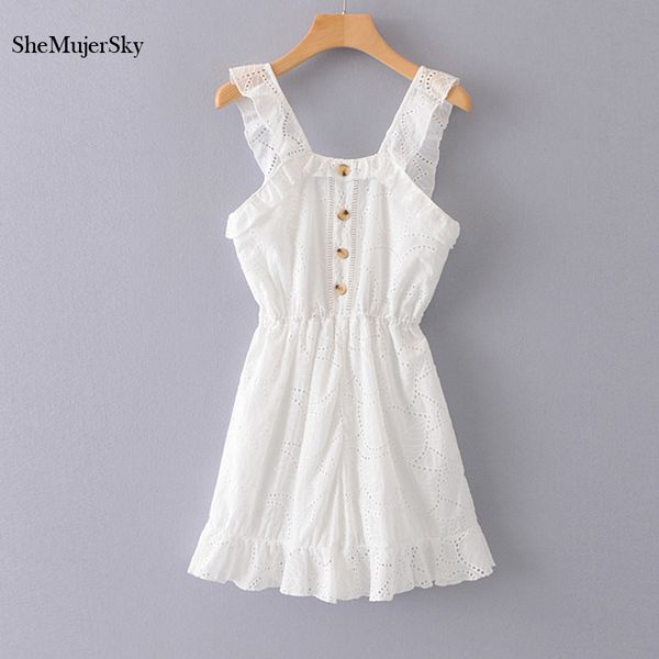 

shemujersky white embroidery romper women spaghetti strap overalls ruffles sleeveless playsuit 2019 elegant jumpsuits, Black;white
