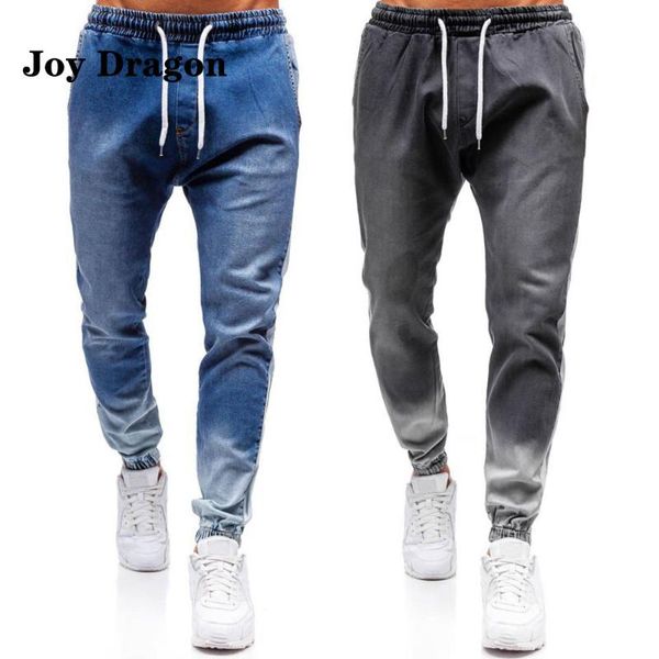 

men casual pants new fashion solid elasticised waist lace up washed jeans outdoors sport beam feet contrast stitching trousers, Blue