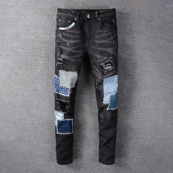

men's black tattered locomotive patch tattered jeans slim fit locomotive jeans men's fashion designer hip hop men's jeans of, Blue