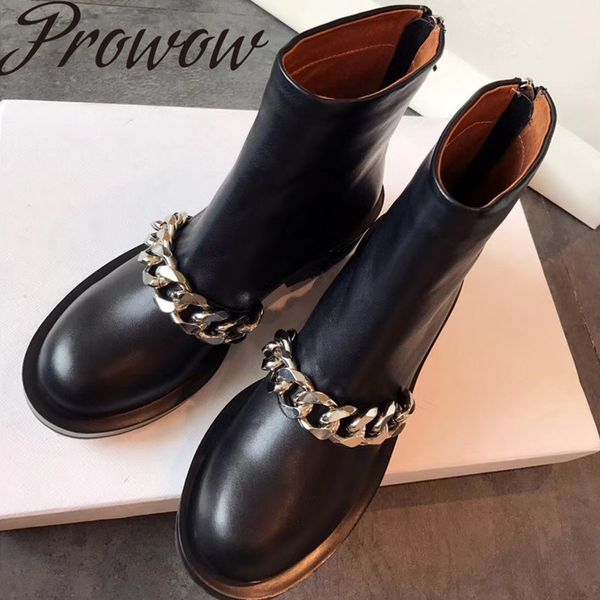 

prowow new genuine leather metal chain autumn winter ankle boots round toe zip side low heel women fashion boots shoes women, Black