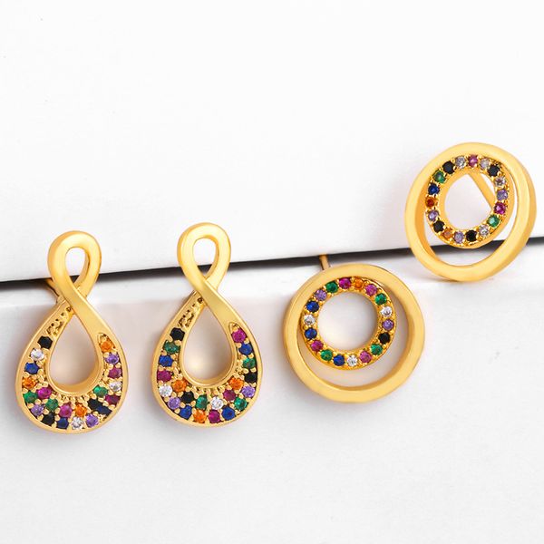 

creative simple stud earring rainbow micro pave zirconia double circle geometry women's earrings fine charm jewelry, Golden;silver