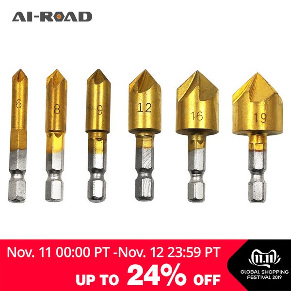 

5 flute 1/4" hex shank hss wood chamfering cutter chamfer 12/16/19mm countersink drill bit 6mm-19mm chamfer six-piece hand tools