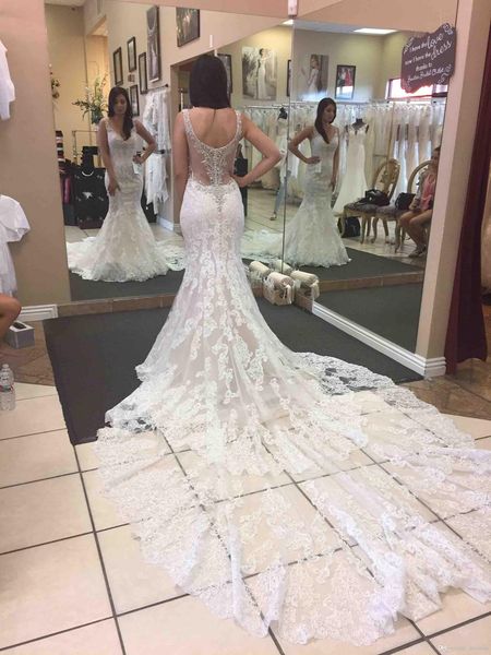 

2020 новый modest русалка свадебное платье v шеи backless кристал свадебное платье развертки поезд платья венчания шнурка, White