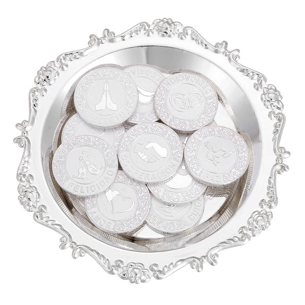 

spanish silver 13 coins for wedding ceremony arras unity coins set with tray plate spain las harras arrhae bridal bifts aras, Slivery;golden