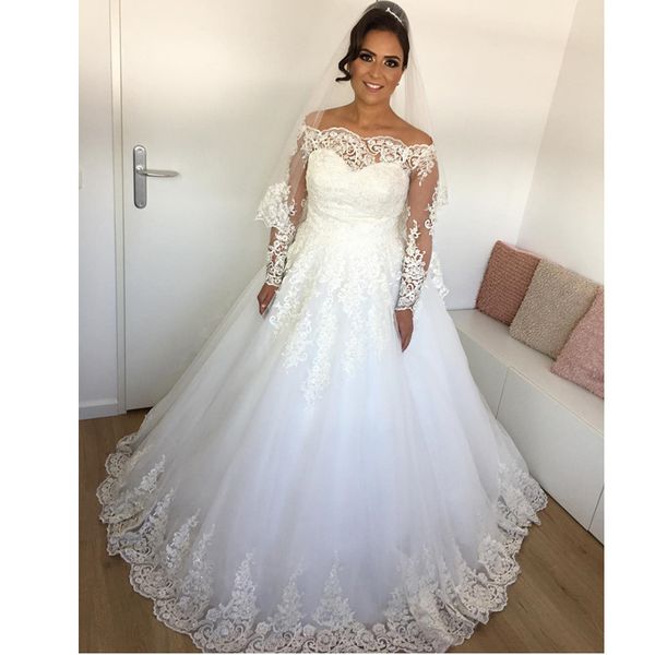 Acheter Belle Robe De Bal Blanc Robe De Mariage Bateau Cou Manche Longue Appliques Perles Robes De Mariée Balayage Train Tulle Robe De Mariee De