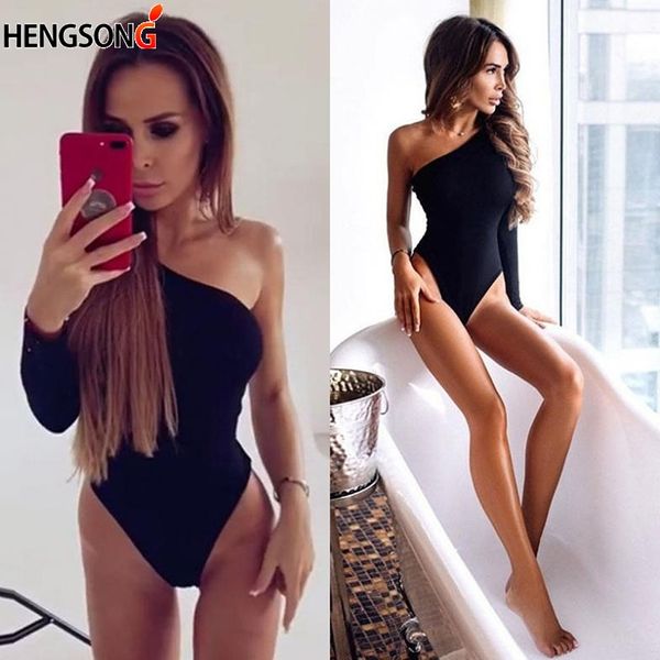 

women one piece swimsuit one shoulder swimwear push up bathing suit solid black monokini bodysuit maillot de bain bikinis 2018, White;black
