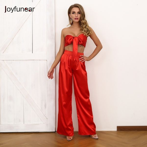 

joyfunear lace up crop and pant 2 piece set 2019 summer elegant women party two piece set sleeveless strapless loose suit, White