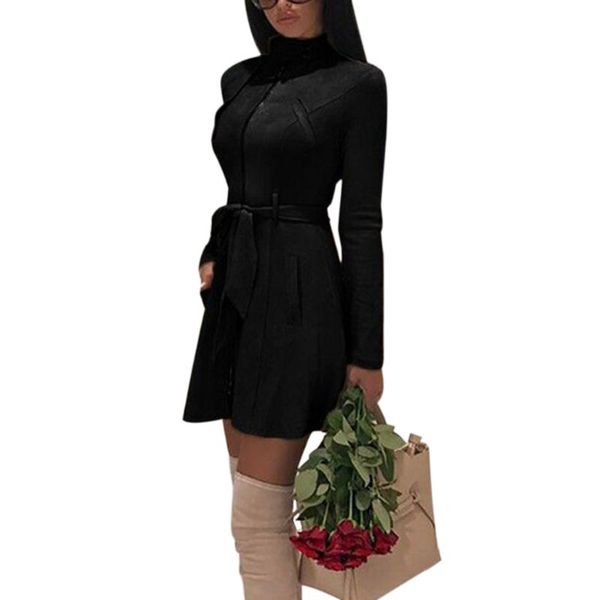 

women long sleeve zip up overcoat faux suede solid color stand collar bodycon coat belted mid long trench coat s-3xl, Tan;black