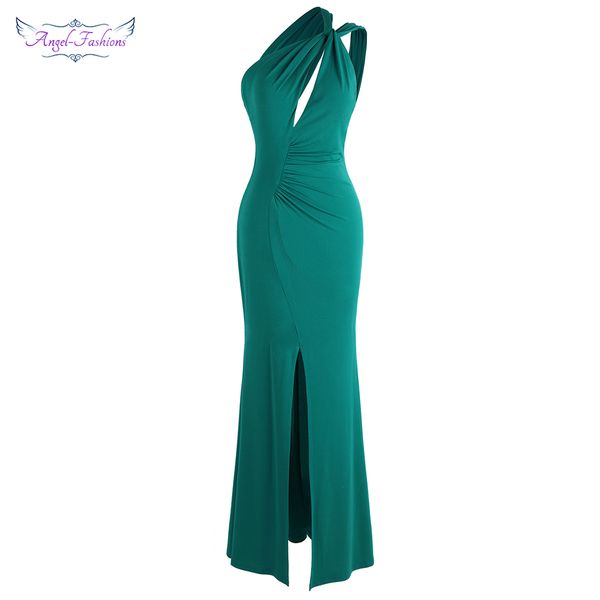 

angel-fashions women's one shoulder cut out warp pleated long mermaid slit elegant evening dress green w-190706-s, White;black