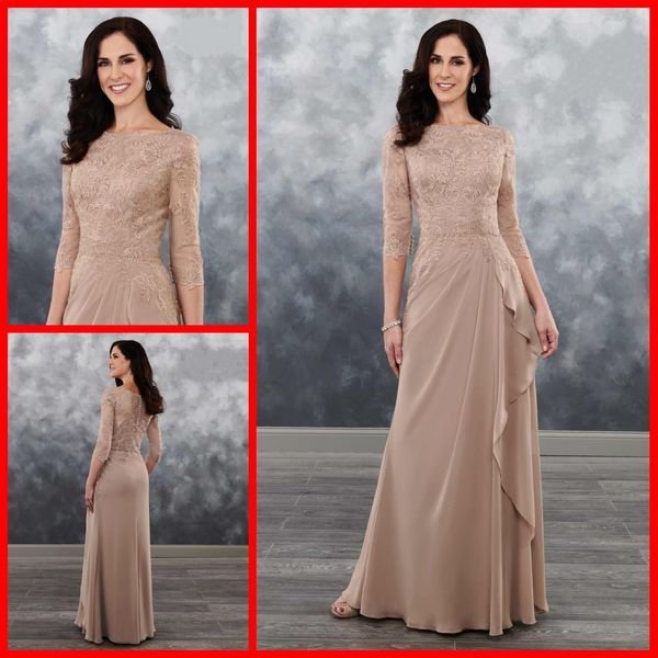 

fashion champagne lace mother of the bride groom dresses bateau neck hollow back zipper with sleeves chiffon long evening cocktail dress, Black;red