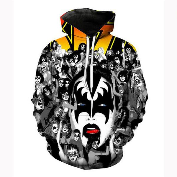 

высокое качество мужские дизайнерские kiss band толстовки кофты 3d печати унисекс толстовка толстовка мужская / женская одежда aa0335, Black