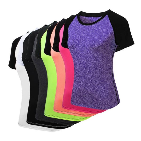 

ladies yoga short sleeve fitness running sports skinny training quick dry elastic color matching round neck t-shirt, Black;red